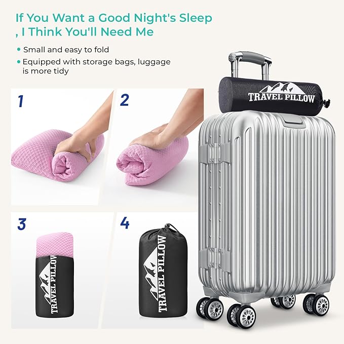 Travel Pillow Memory Foam Pillows, Camping Pillow-Compressible Medium Firm, Breathable Cover, Ideal Backpacking Hiking, Bed Pillows, Airplane and Car (Apricot Pink, M)