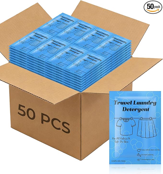 50 Pack Travel Laundry Detergent Bulk, Portable Single Use Liquid Laundry Soap, Verbena Scented, 10ml TSA Approved Travel Size for Traveler, Cruise, Hostel & Camping Essentials