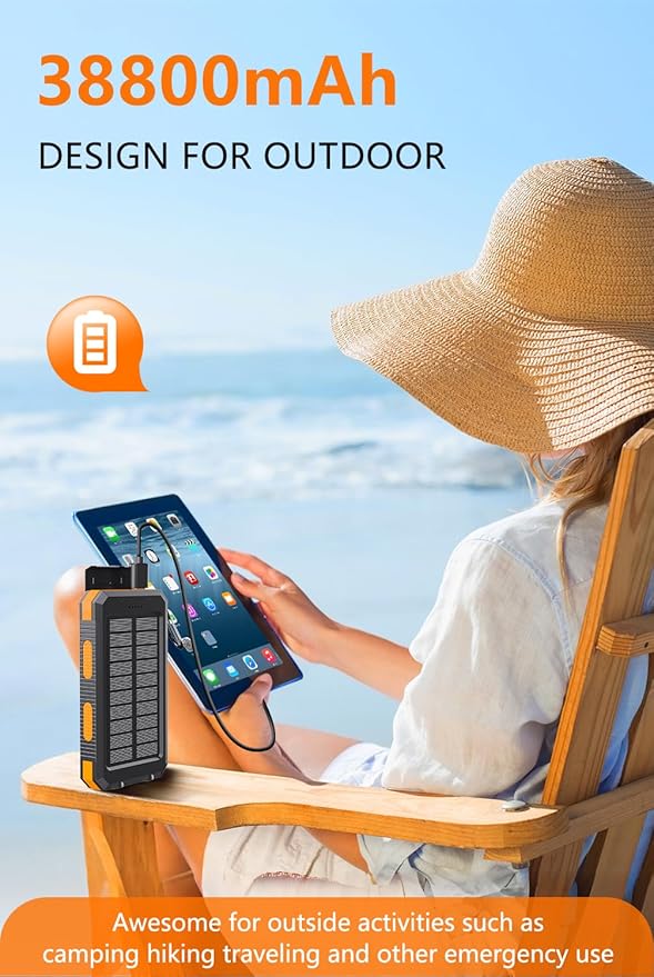 Power Bank 38800mAh Solar Portable Charger with USB-C Fast Charging Compatible with iPhone, Samsung, with 2 LED Flashlights and IPX5 Waterproof External Backup Battery Pack Perfect for Camping, Hiking