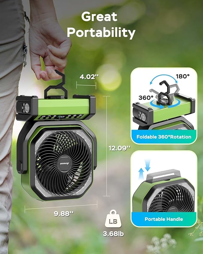 Camping Fan with Light, 20000mAh Rechargeable Battery Operated Fan, 112H Max Cooling Time, 8 Speeds, Digital Display, Remote Control, 270°Pivot with Hook for Tent Car RV Power Outage Hurricane