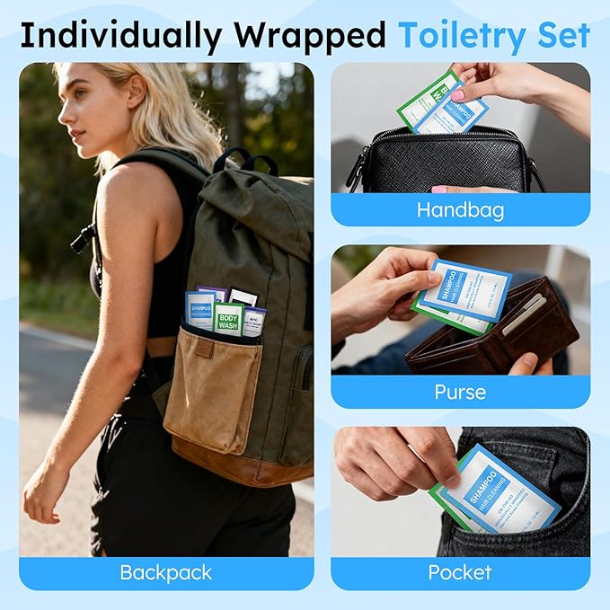 100 Pcs 5-IN-1 Hotel Soaps and Toiletries Bulk Set,5-Piece Set 0.35 oz each Packets Shampoo,Conditioner, Body Wash and Lotion,0.53 oz Soap Mini Travel Size Toiletries Supplies kit for Guests,Homeless
