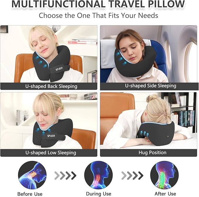2in1 Ergonomic Memory Foam Travel Neck Pillow – 2025 Upgrade Travel Pillow for All Sleep Positions on Flights, Road Trips, and Long Distance Travel with Drawstring Bag (Adjustable - Black)