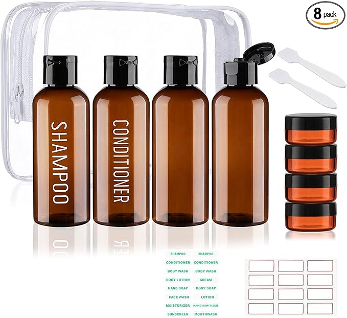 Travel Bottles for Toiletries 8 Pack 3.4oz TSA Approved Leak Proof Travel Size Containers Plastic 0.35oz Small Cream Jars Squeeze Empty Toiletry Bottles for Shampoo Conditioner Body Wash(Brown)