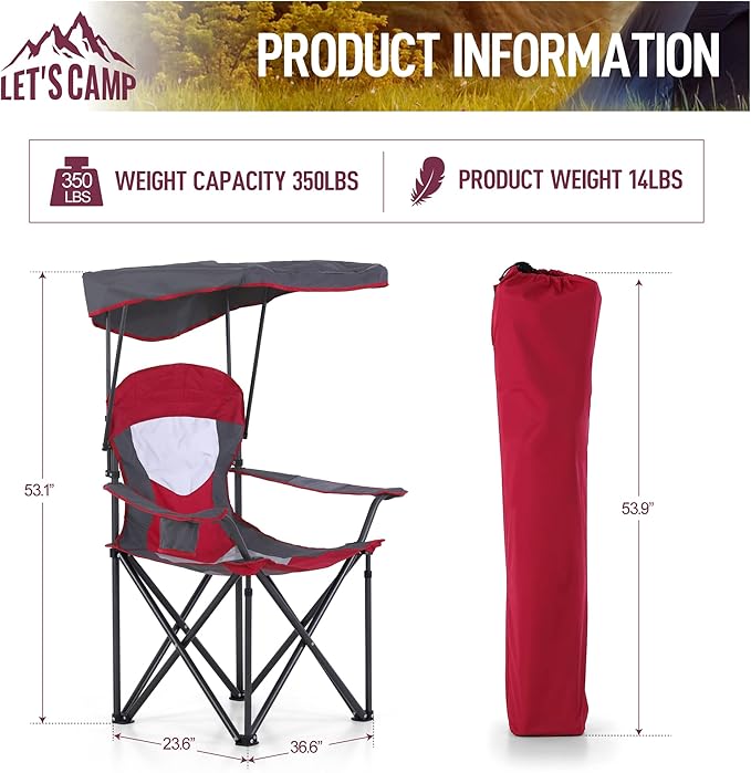 LET'S CAMP Camp Chair with Shade Canopy Folding Camping Chair with Cup Holder and Carry Bag for Outdoor Camping Hiking Beach, Heavy Duty 350 LBS