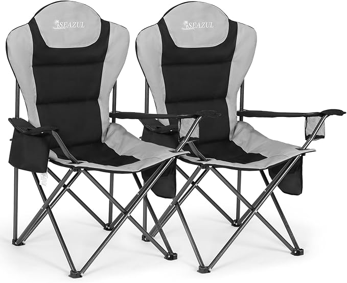 Camping Chairs 2 Pack, Camp Chair for Adults, Folding Chairs for Outside, Support 380 LBS, Portable Travel Lawn Outdoor Camping Chairs with Cup Holder & Cooler Bag, Sports Chairs for Baseball