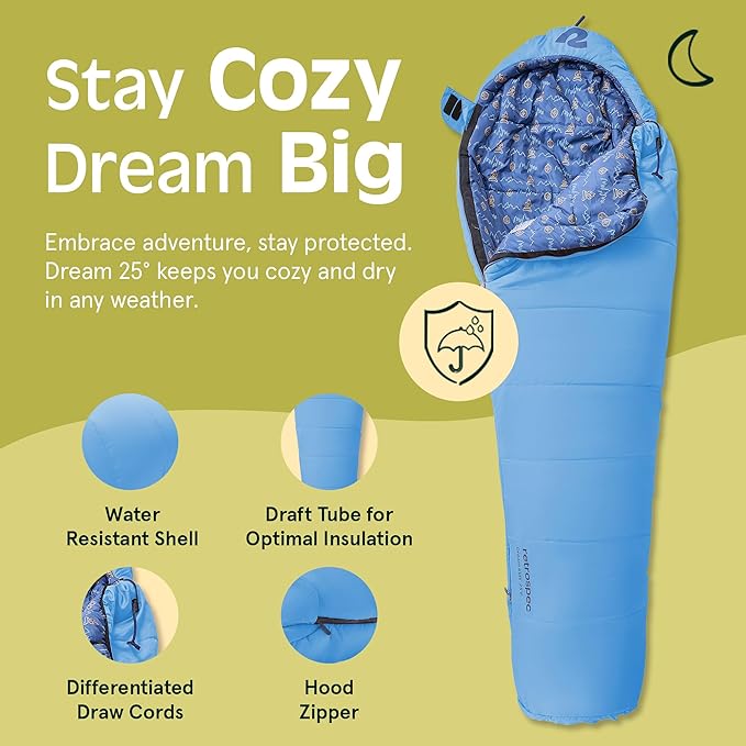 Retrospec Dream 25 Kids Mummy Sleeping Bag for Camping - Insulated, Water-Resistant, Lightweight