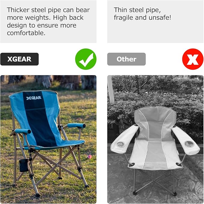XGEAR Camping Chair with Padded Hard Armrest, Sturdy Folding Camp Chair with Cup Holder, Storage Pockets Carry Bag Included, Support to 400 lbs