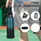 40 oz Insulated Water Bottle with Straw& Spout 2-in-1 Lid, Triple Wall Vacuum Stainless Steel Cold 48H, Leak Proof Sports Metal Flask Jug with Paracord Handle, Indigo Black