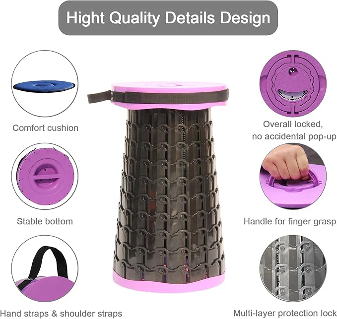 Upgraded XXL Collapsible Stool with Cushion,19.7"H-11.8"D Telescoping Folding Stool for Adults,More Sturdy Portable Camping Stools with Load Capacity 1000lbs for Outdoor,Garden,Fishing,Hiking