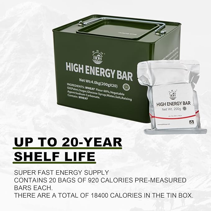 Emergency Food Rations Meal Ready To Eat, Long Self Life 18400 Calorie Survival Tabs Perfect for Camping, Hiking, Army Outdoor Disaster, 20 Pack with Tin Box