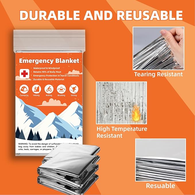 10 Pack Emergency Thermal Blanket Survival, Mylar Blankets for Outdoor, Space Blanket, Silver Foil for Survival, Survival Kit Camping Blankets, Body Warmer, First Aid, Hiking 84” x 52”