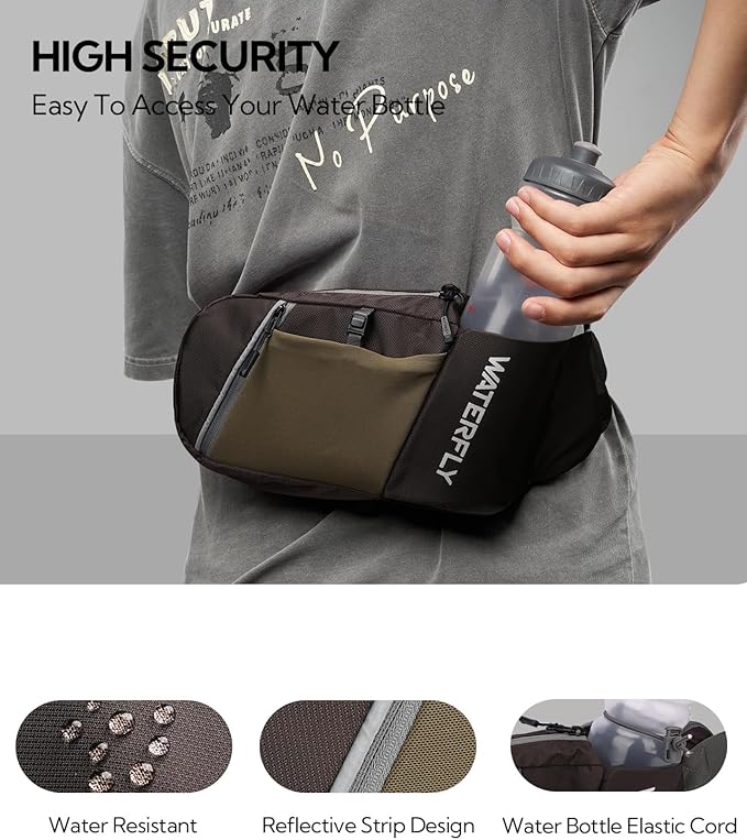 WATERFLY Fanny Pack Waist Bag: Hiking Water Bottle Holder with Strap Waist Pack for Women Men Hydration Hip Packs for Running Walking Traveling-Coffee Brown