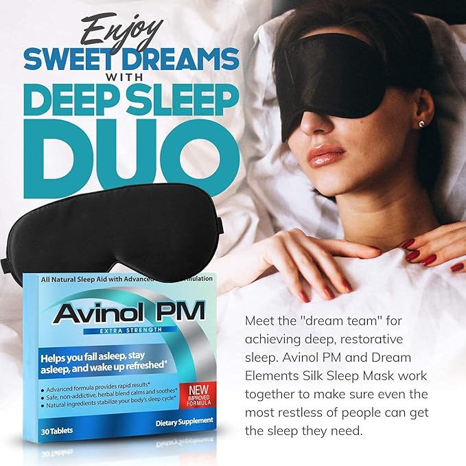 Extra Strength and Dream Elements Sleep Mask | All-in-One Natural Sleep Aid (30 ct) - 100% Pure Mulberry Silk Eye Mask (with Foam Ear Plugs & Anti Snoring Nose Clip) (2 Items)