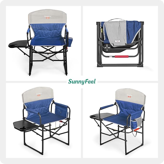 SUNNYFEEL Heated Camping Directors Chair, Heavy Duty,Oversized Portable Folding Chair with Side Table, Pocket for Beach, Fishing,Trip,Picnic,Lawn,Concert Outdoor Foldable Camp Chairs