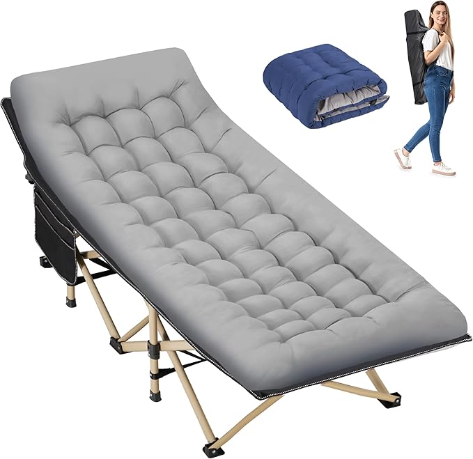 Folding Camping Cot for Sleeping, Portable Cots for Adults, Heavy Duty Cot Bed 550LBS(Max Load), Extra Wider Cots with Large Pocket for Outdoor, Office, Beach