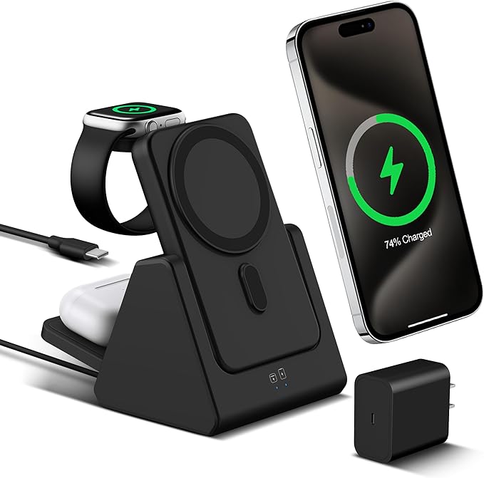 3-in-1 Wireless Charging Station: Portable 5000mAh Power Bank Charger Compatible for Phone Air/17/16/15/14/13/12 Series and Watch - Detachable Magnetic Charging Stand Black