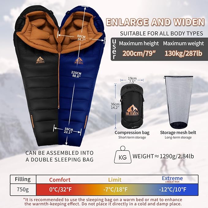 Down Backpacking Sleeping Bag for Cold Weather 45°F to -11°F, XXL Large Ultralight Sleeping Bag Ideal for Adults Camping, Hiking and Backpacking.