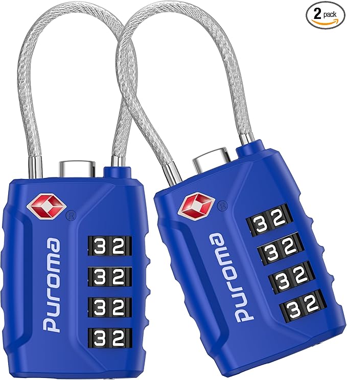 Puroma 2 Pack TSA Approved Luggage Locks, 4 Digit Combination Travel Cable Locks Resettable Code Lock with Zinc Alloy Body for Suitcase, Toolbox, Backpack, Bag, Gym Locker (Basic Blue)
