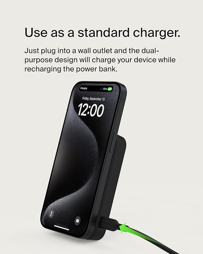 Belkin Portable Charger, Wireless Power Bank 15W 8000 mAh w/ Qi2 - MagSafe Charger w/Built-in Pop-up Kickstand - iPhone 17, Air, Pro, Pro Max, AirPods, Apple Watch, Google Pixel 10, etc. - Black
