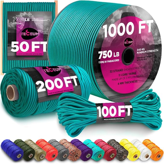 TECEUM 5/32" Paracord Rope 1000 – 1000ft / 200ft / 100ft / 50ft – Tactical Parachute Cord 4mm – 45+ Colors – Nylon String for Survival & Camping Gear – Stripe Cord for Survival – Utility Rope