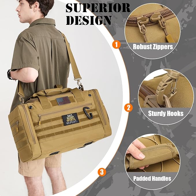 45L Gym Bag for Men & Women, Tactical Military Duffle Bag for Travel Weekender Gym Workout Deployment， Large Sports Bag for Hockey Football Baseball Soccer Basketball & Team training