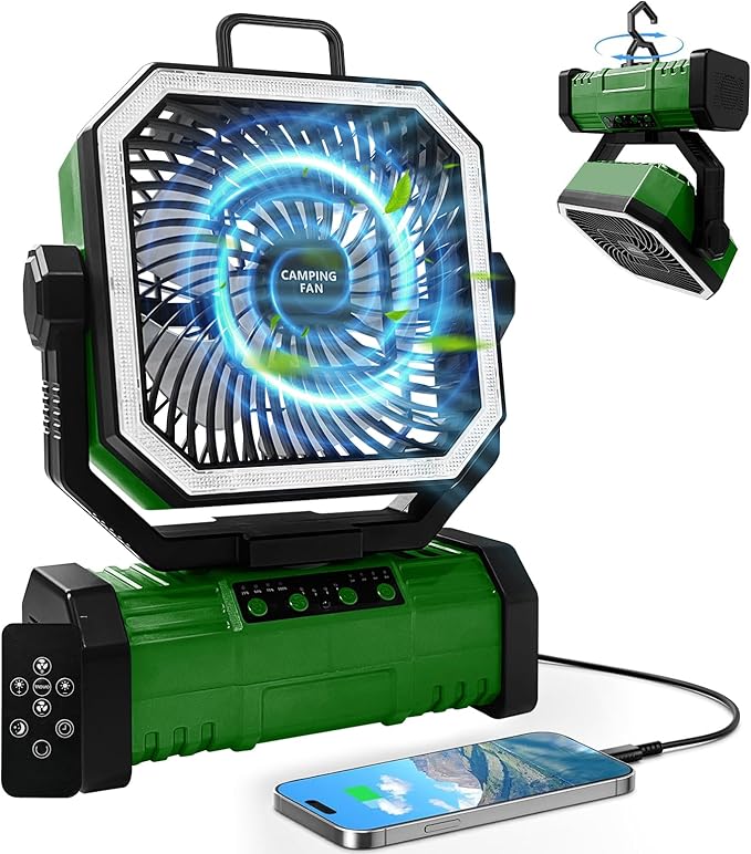 Camping Fan, Portable Fan 20000mAh Rechargeable Battery Powered Fans, Quiet 4-Speeds, 4-LED Light,360° Hanging Hook for Outdoor Picnic Tent Beach Travel Barbecue, Green