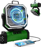 Camping Fan, Portable Fan 20000mAh Rechargeable Battery Powered Fans, Quiet 4-Speeds, 4-LED Light,360° Hanging Hook for Outdoor Picnic Tent Beach Travel Barbecue, Green