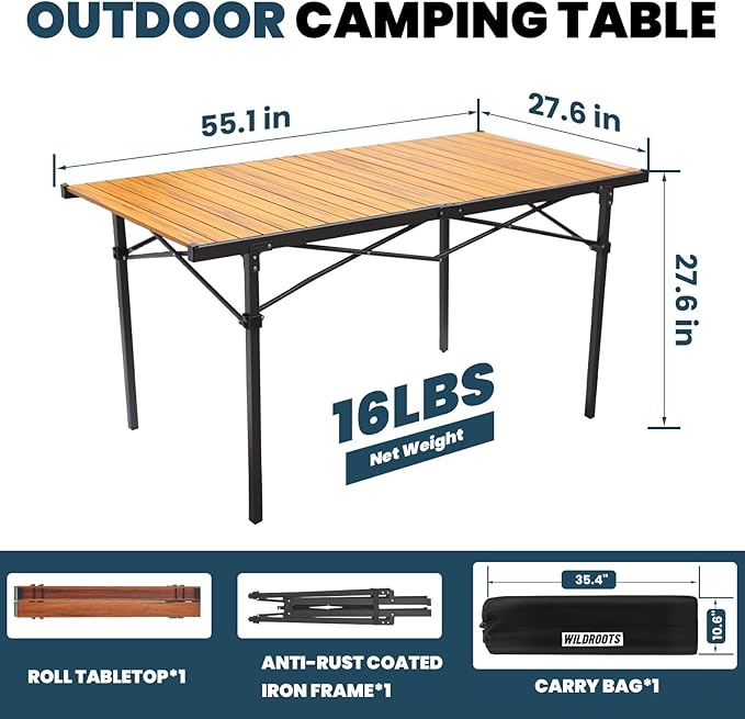 WILDROOTS Folding Camping Wood Grain Brown Table with Carry Bag, Lightweight Aluminum Table for Outdoor, Camping, Picnic, Cooking, Backyards, BBQ (XL)