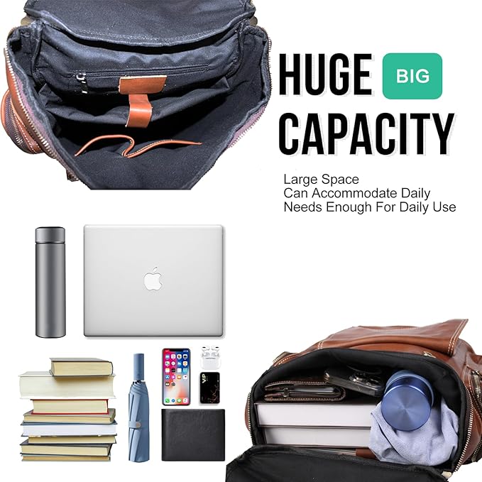 Genuine Crazy Horse Leather Backpack - Vintage Bag with Anti-Theft Design, Fits 16 Inch Laptop(5098-Khaki)