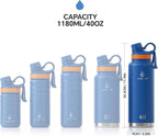 IDEUS Insulated Stainless Steel Water Bottle with 2 Leak-Proof Lids, Thermal Water Flask for Hiking Biking, 40oz, Bright Blue