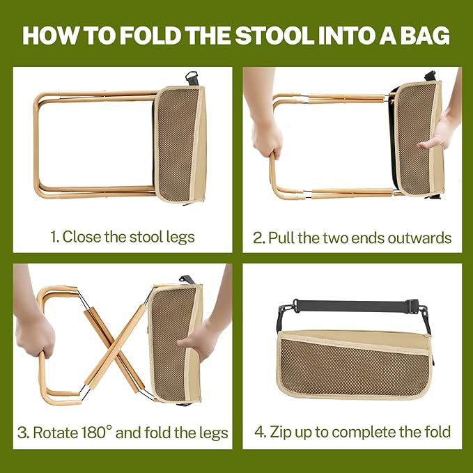 Portable Stool, Small Folding Stool for Adults, Ultralight Camping Stools for Hiking and Fishing (Khaki)