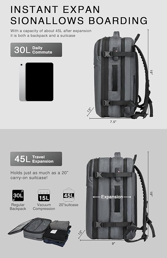 Vacuum Seal Travel Backpack 45L with Pump - Expandable Air Compression System, Water-Resistant Business TSA Lock, Laptop Backpack, Carry-On Suitcase Luggage, Gifts for Men