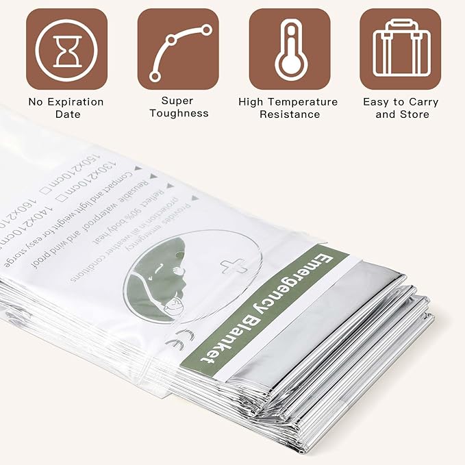 Kanayu 100 Pack Emergency Thermal Blankets Bulk 64 x 84 Disposable Foil Space Blankets for Survival First Aid Camping Hiking Outdoor