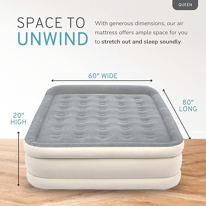 RestElevated Luxury Pillow Top Queen Size Air Mattress with Built in Pump | 20" Raised Height with Coil Beam Support | Adjustable Blow Up Air Bed | for Home, Guests and Camping [White with Grey Top]