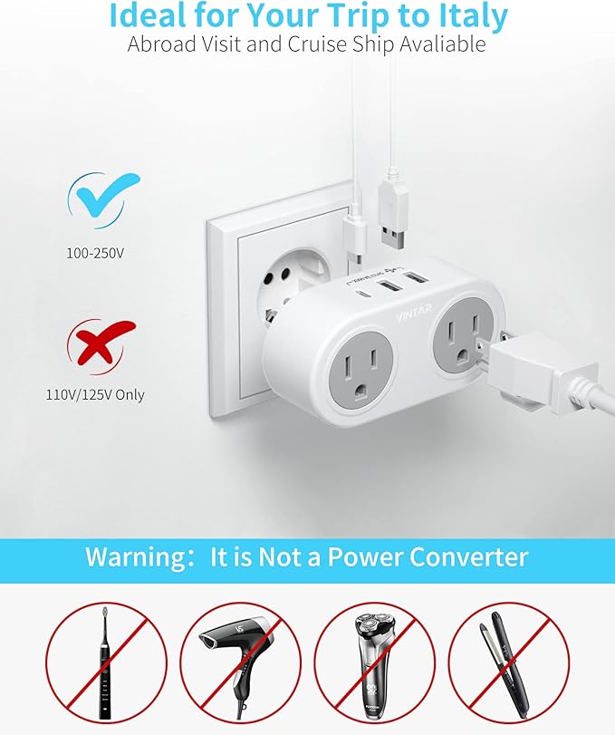 2 Pack Italy Travel Plug Adapter, VINTAR US to Italy Power Adapter with 1 USB C 2 USB A Ports and 2 American Outlets, 5 in 1 Outlet Adapter, Type L Plug Adapter for USA to Italy Uruguay Chile