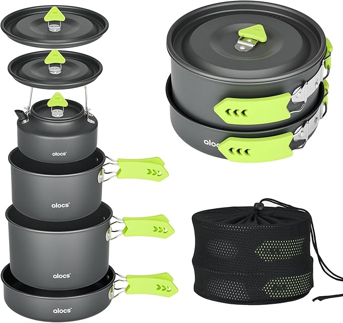 Alocs Camping Cookware Set - Lightweight Camping Pots and Pans - Portable Outdoor Cookware with Kettle - Camping Cookware Mess Kit for 2