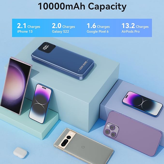 Portable Charger Built-in Cables for iPhone Samsung iPad Android Phone, 10000mAh Power Bank Fast Charging, Smart LED Display Battery Pack 2-Port Output Traveling -Dark Blue