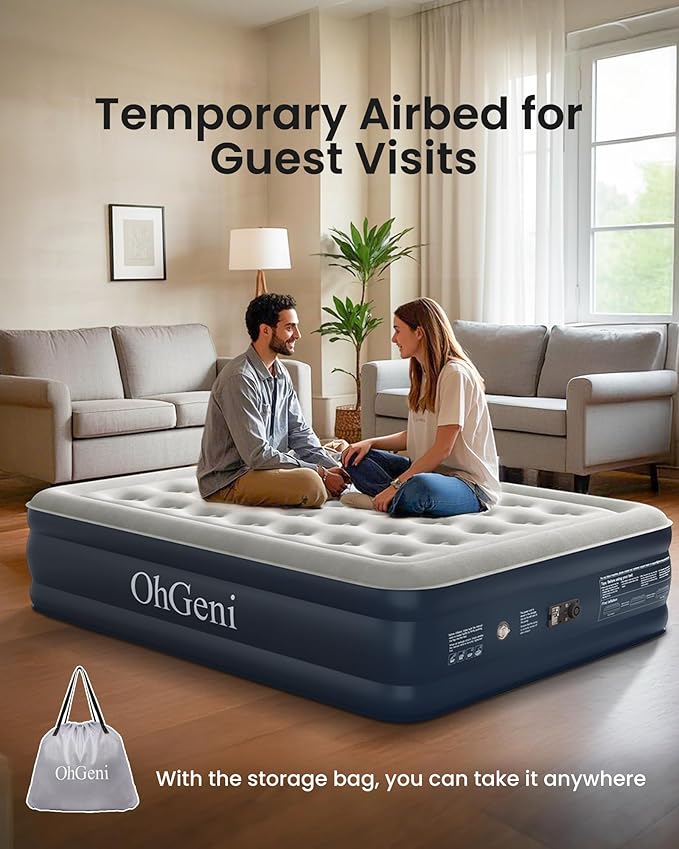 OhGeni Air Mattress Queen with Built in Pump, Blow Up Colchones Inflables Mattress for Guests, Portable Air Mattresses with Carrying Bag, 18" Raised Elevated Air Bed for Camping, Dark Blue