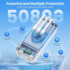 Portable Charger 50800mAh Power Bank with 3 Built in Cable,25W PD QC4.0 Fast Charging USB C Battery Pack,6 Output 2 Input LCD Display Portable Phone Charger for iPhone 16/15/14,Google,Android, White