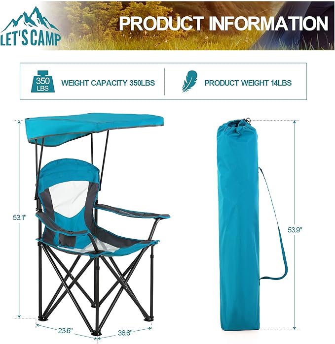 LET'S CAMP Camp Chair with Shade Canopy Folding Camping Chair with Cup Holder and Carry Bag for Outdoor Camping Hiking Beach, Heavy Duty 350 LBS