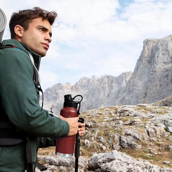 Insulated Sports Water Bottle with Straw Lid Dustproof, 3 Lids, 24/32/40/64 oz Dishwasher Safe & BPA Free Double Wall Stainless Steel Water bottle, Leakproof & Sweat Free -40 Oz Brick Red