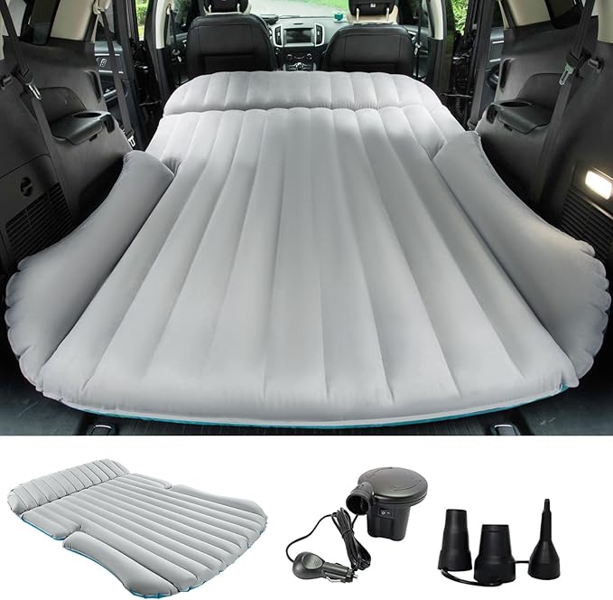 KMZ SUV Air Mattress Double-Sided Car Mattress Camping Bed Inflatable Bed with Electric Pump for SUV Trunk and Rear Seat - Gray and Blue (Without Pillows)