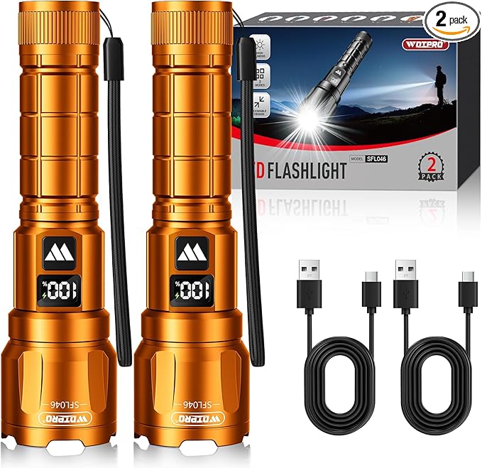 WdtPro LED Rechargeable Flashlight 2 Pack, Super Bright Zoomable 6000 Lumens Tactical Flashlight with LCD Digital Display, 3 Mode Waterproof Flash Light for Camping, Hunting & Home Emergency - Orange