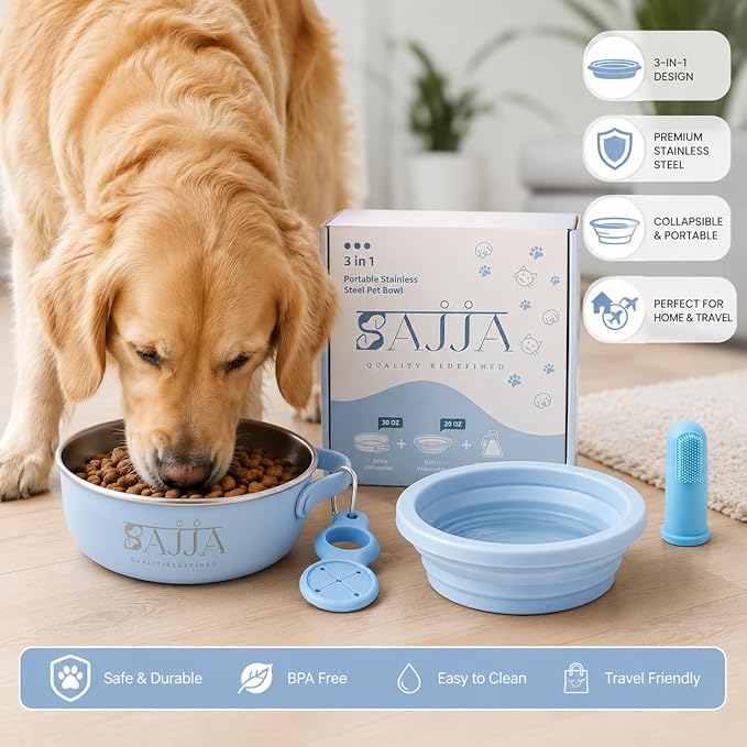 Blue Slow Feeder Travel Dog Bowl Set | 30oz Stainless Steel + 20oz Collapsible Silicone Dish | Water Bottle Holder| Non-Slip, Anti-Choking, BPA-Free | We Give Back