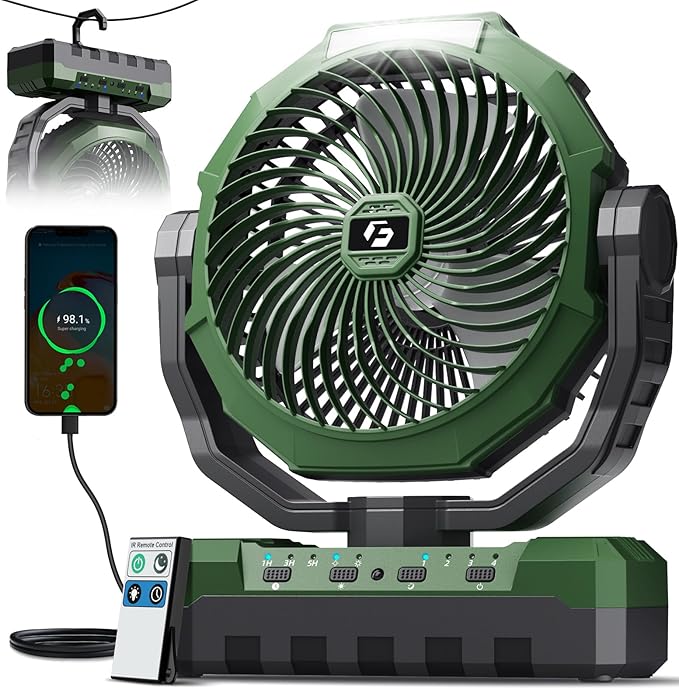 FRIZCOL 3-in-1 Camping Fan - Portable Fans Rechargeable - 24000mAh Battery Powered Fan(140Hrs) with Light & Remote for Indoor, Outdoor, Tent, Travel, BBQ, Fishing, Jobsite - Green