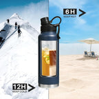Sports Water Bottle 24/32/40/64Oz with Straw Lid Dustproof, 3 Lids, Vacuum Insulated Stainless Steel, Simple Thermo Flask, Modern Double Wall Hydro Metal Canteen- 40 Oz Navy Blue
