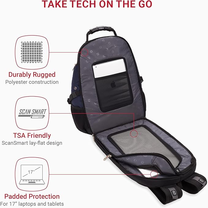SwissGear 1900 ScanSmart 17” Laptop Backpack Blue/Black – Reflective Tech Backpack with ScanSmart Compartment – Multiple Organizer Pockets & RFID Scan Blocking Technology