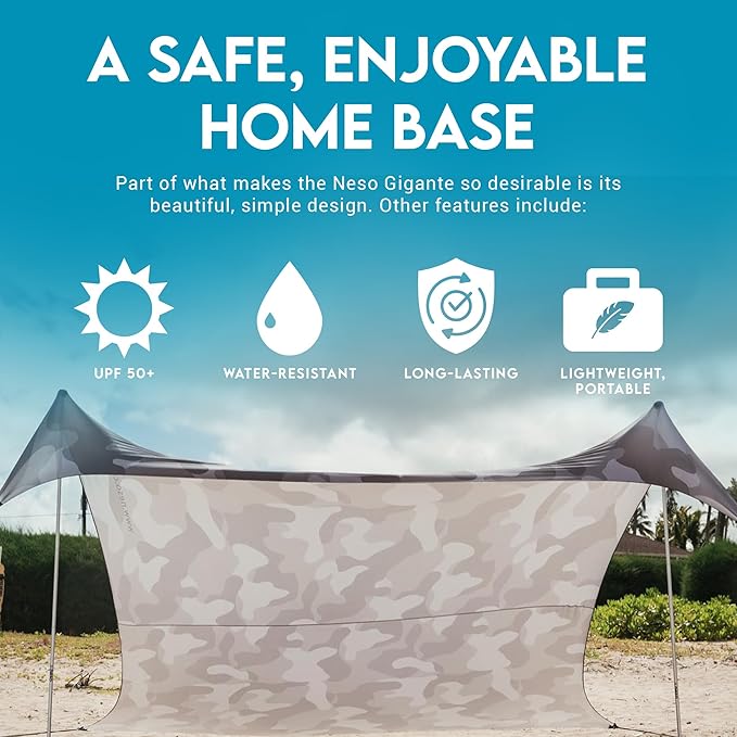 Neso Gigante - Portable Beach Tent - Ideal to Enjoy with Family and Friends - UPF 50+, Water-Resistant, and Lightweight - Grey Camo, 11' x 11'