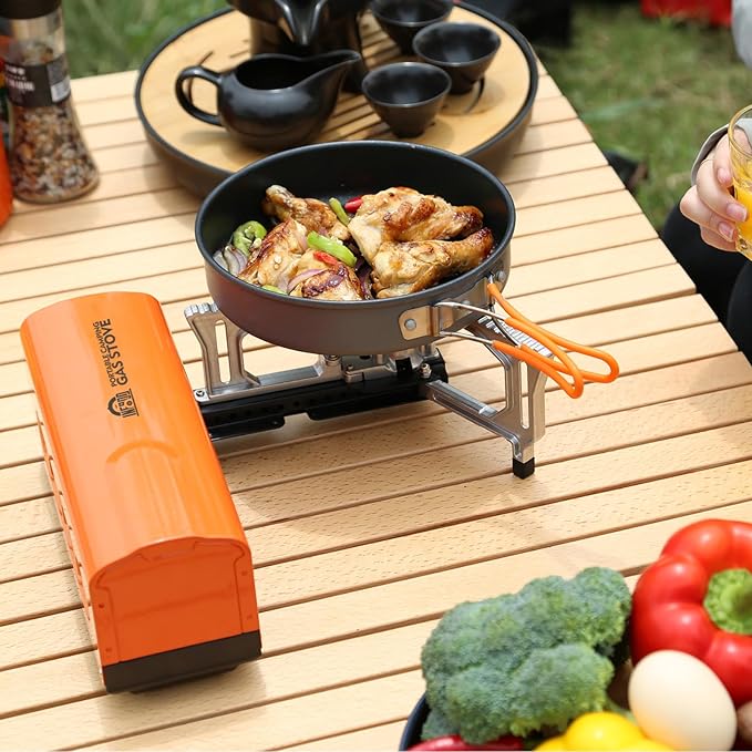 Portable Butane Gas Camping Stove - 7500 BTU Compact Folding Design with Carry Bag for Backpacking, RV Trips, Picnic & Outdoor Indoor Cooking, Orange