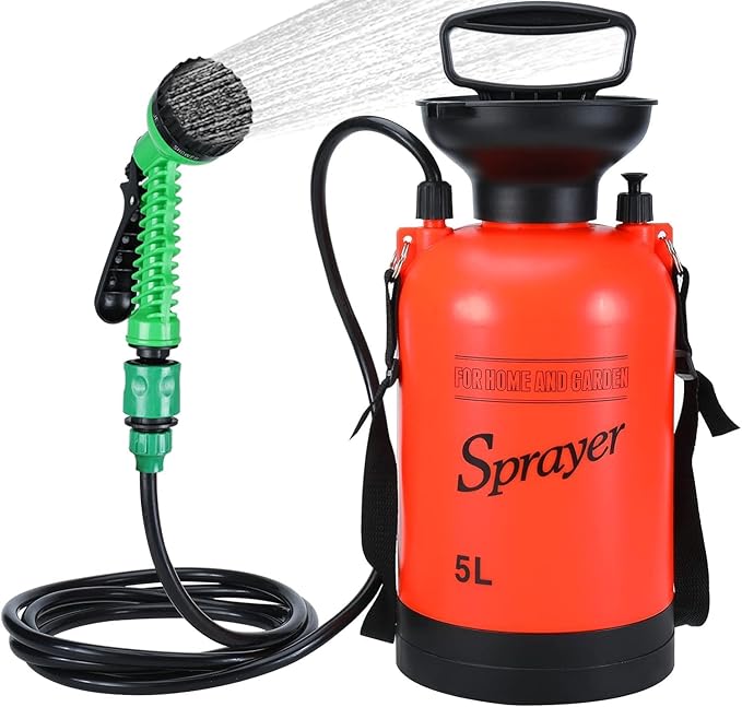 Finderomend Portable Shower for Camping with 7 Spray Modes, Hand Press Camping Shower with Removable Hose and Shower Head,Pressure Rinse Kits for Hiking Traveling Garden Beach Pet Shower